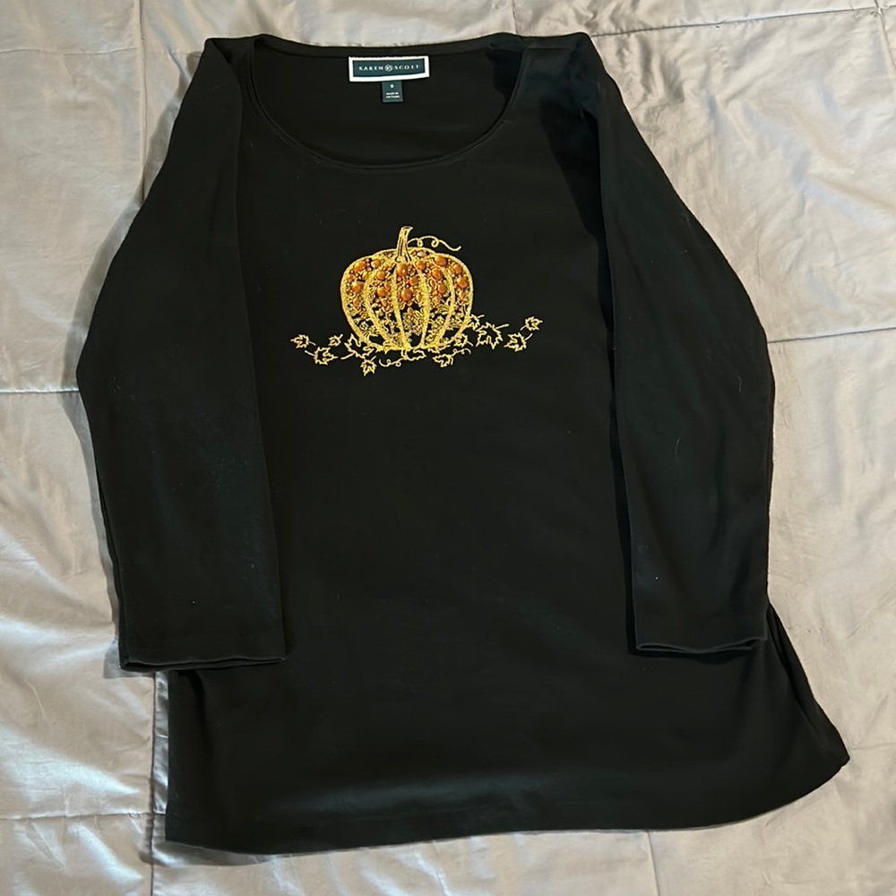 Three Quarter Sleeve Rhinestone Glitter Pumpkin Shirt with Leaves